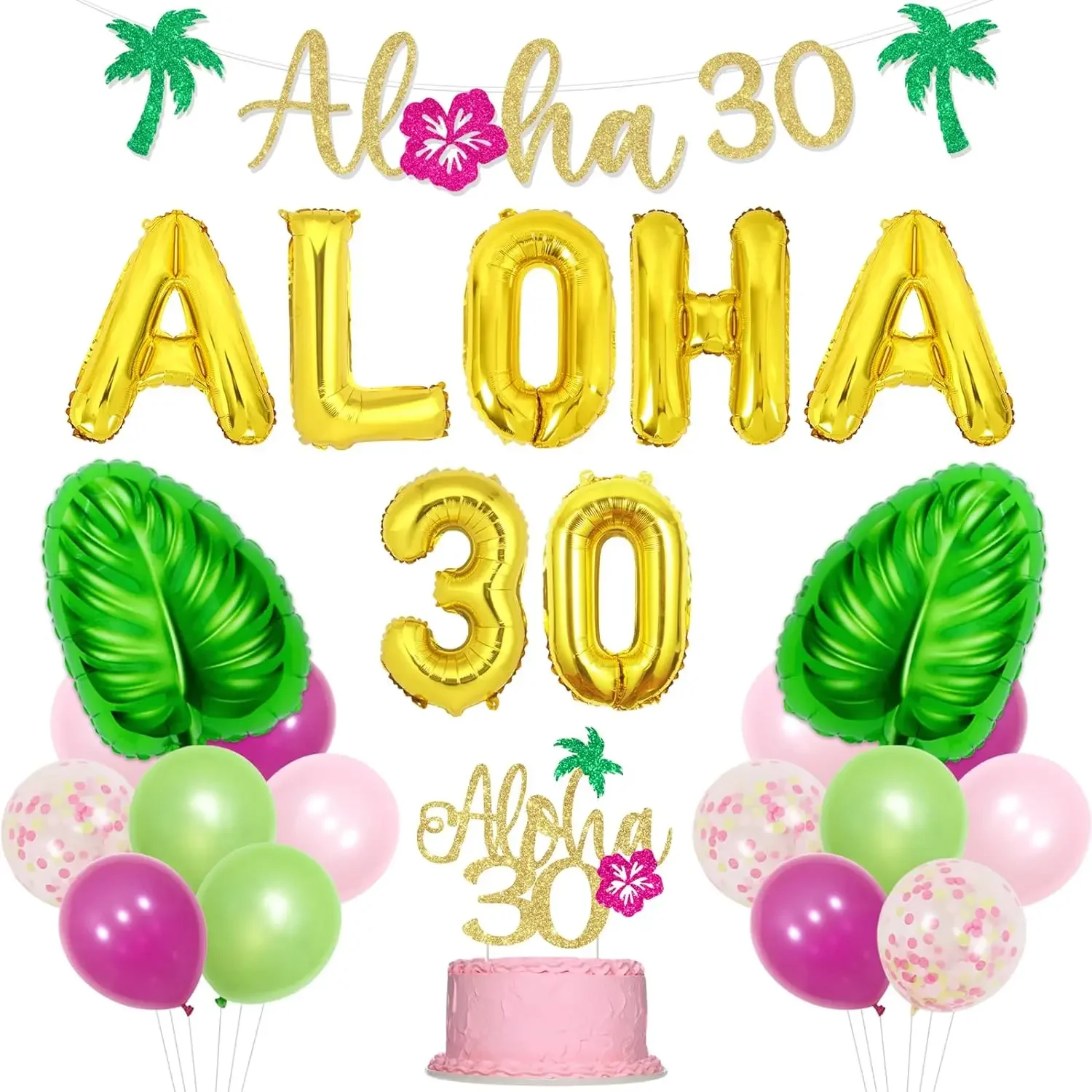 

Tropical Hawaii Aloha Banner for Men and Women, Green Leave Balloons, Birthday Party Decor, 30th Birthday Supplies