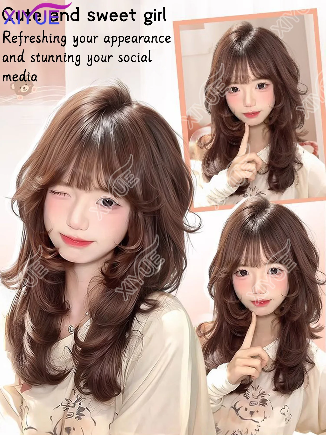 XIYUE synthetic high-level orange-brown high-level long straight hair wig Korean hairstyle women's natural heat-resistant wig