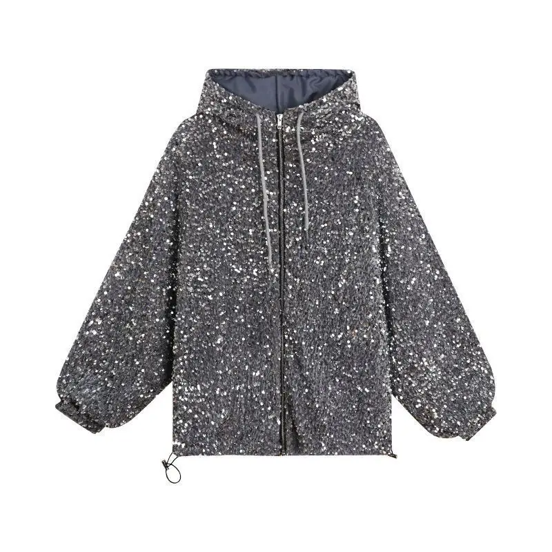 New Spring Autumn Shiny Starry Sky Sequins Hooded Jacket Loose Zip Cardigans Top Thicken Quilted Women Cotton-padded Coat