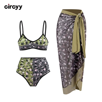 Circyy Backless Swimsuit Women Printed Reversible Spliced Bikini Set Vintage Lace Up Cover-Ups Wrap Skirt Summer 2025 Swimwear