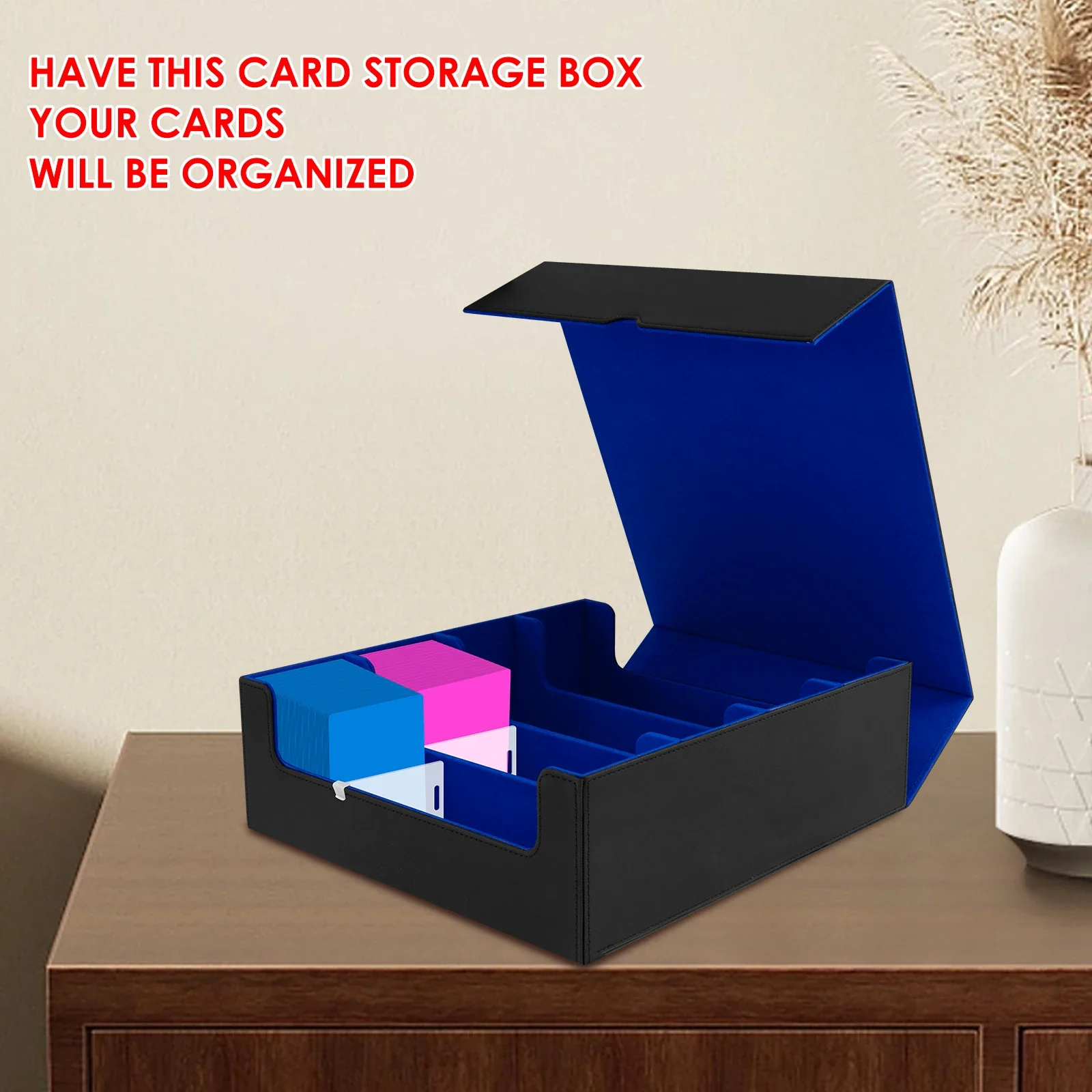 Flip Lid Cards Deck Box PU Leather 4 Rows Trading Card Storage Box with Dividers Multipurpose Game Card Office Business Card Box 6