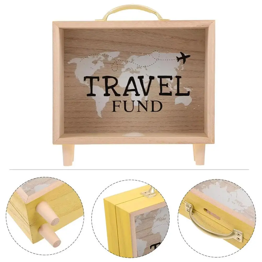 Money Saving Jar Travel Fund Piggy Bank Wooden Suitcase Bank Counting Money Jar Funny Desktop Decor For Housewar Q1s9