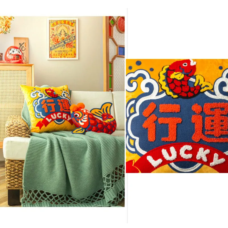 Red Cushion Cover Decorative Pillow Joy Chinese Traditional Lucky Fish Embroidery Cushion Cover Sofa Chair Bedding Coussin