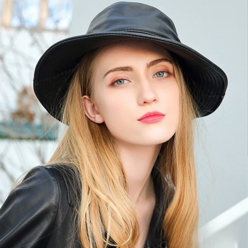 

2024 New Spring/Winter Japanese Women Genuine Leather Bucket Hats Men/Women Black Fisherman Caps Easy Carry Street Bonnet