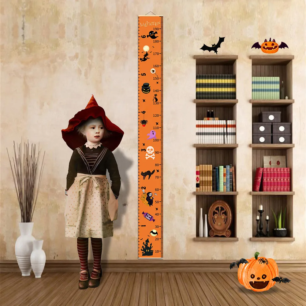 Halloween Decor Baby Growth Chart Cartoon Pumpkin Ghost Bat Prints Height Measuring Ruler for Children Bedroom Living Room Deco