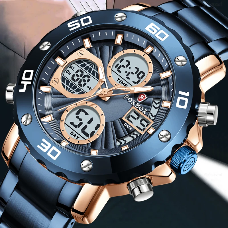 FOXBOX Fashion Military Watch Men Top brand Luxury Waterproof Sport Quartz Chronograph Clock Male Casual Dual Display Watch Men