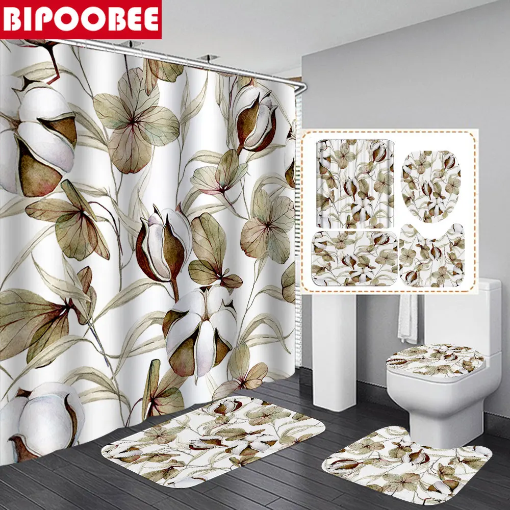 

Vintage Floral Shower Curtain with Hooks Beautiful Flower Toilet Lid Cover Mildew Resistant and Durable Bath Mat Rug Base Carpet