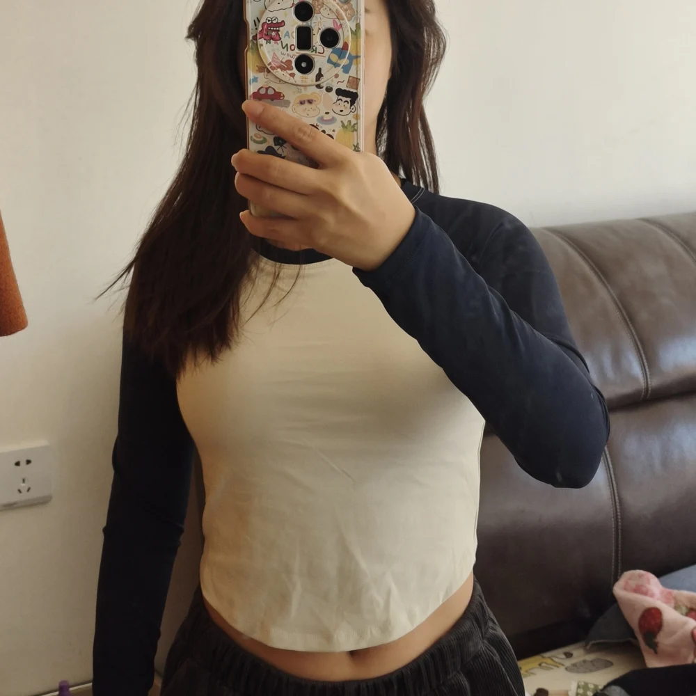 Women Round Collar Long Sleeve Patchwork Cropped Tshirt