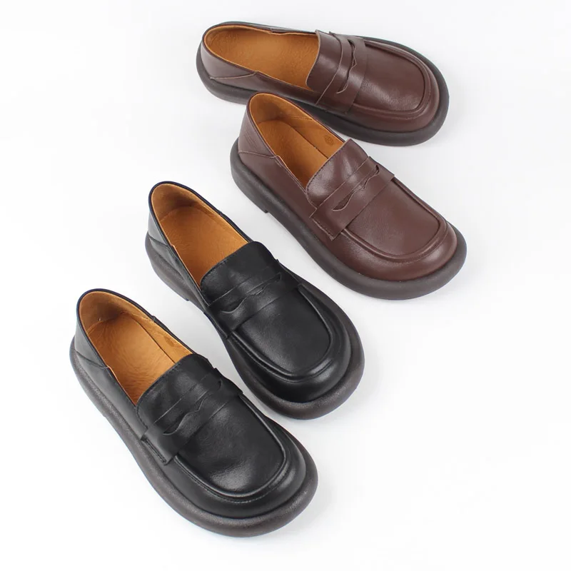 

Japanese and Korean Brown Black High-quality Natural Leather Flat Bottom Slip-on Shoe Women's Shoes Student Shoes