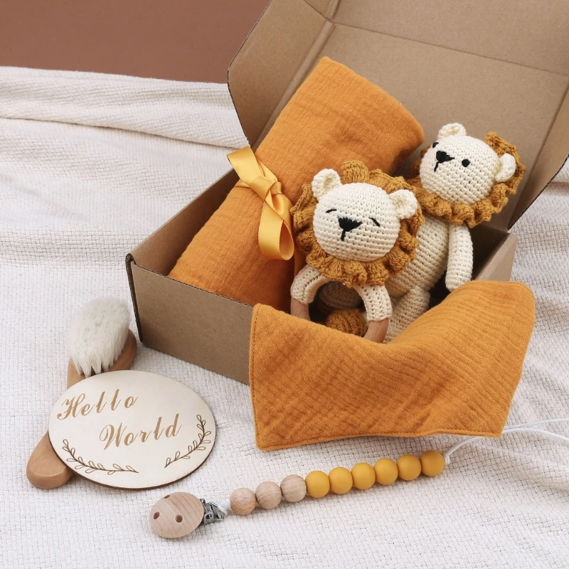 Handmade Crochet Animal Baby Teether Toy Wooden Newborn Teether Koala Stuffed Doll Muslin Blanket Baby Birth Souvenir Gift Box