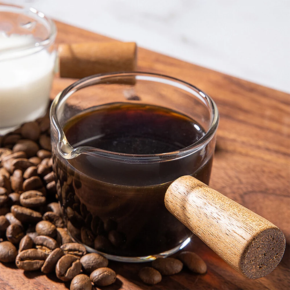 50/100ml Wood Handle Glass Espresso Measuring Cup Milk Cup Multi-functional Kitchen Measure Mug Coffee Supplies Clear measuring cup