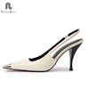 RAINBOW Size 34-39 Genuine Leather Women Sandals High Heels Shoes Summer 2025 Backless Metal Square Toe Sexy Party Office Lady 1