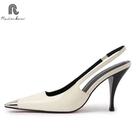 RAINBOW Size 34-39 Genuine Leather Women Sandals High Heels Shoes Summer 2025 Backless Metal Square Toe Sexy Party Office Lady 1