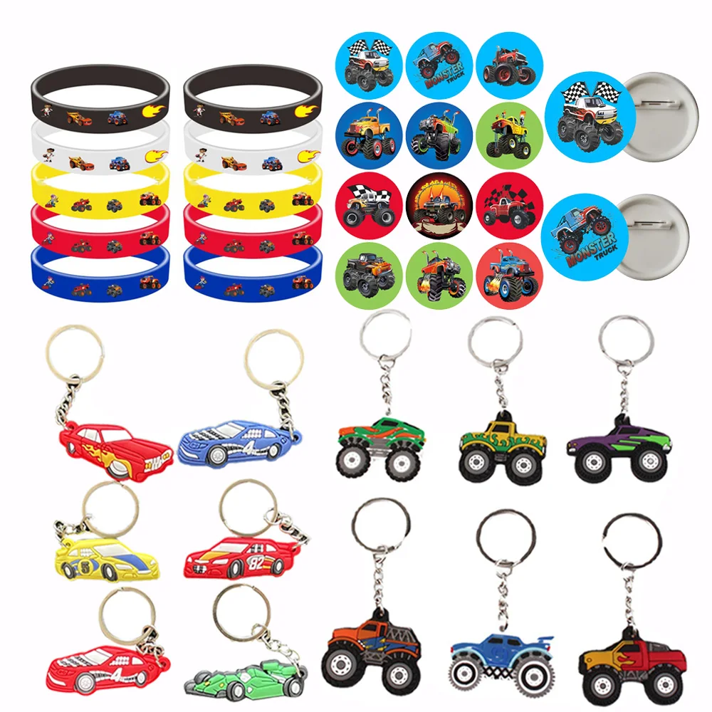 

Race Cars Monster Truck Party Wheel Truck Toy Keychain Rubber Bracelets Badges Bags Kids Birthday Party Baby Shower Supplies