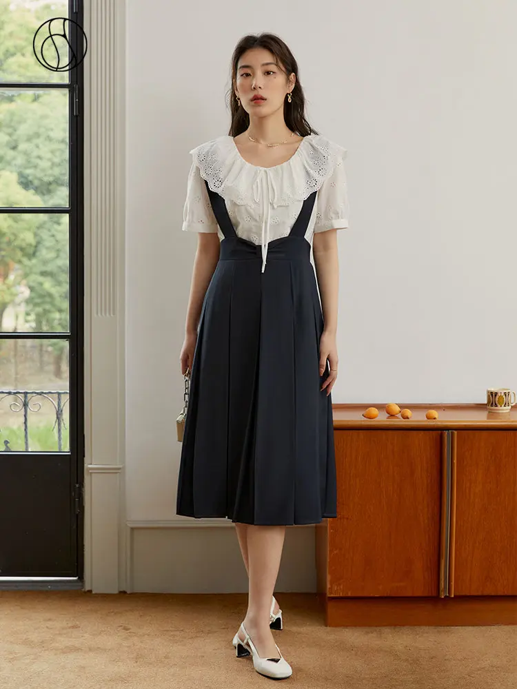 

DUSHU College Style Age-reducing Slim Suspender Skirt for Women Summer New Sweet Navy Blue High Waist Straps Dress Female