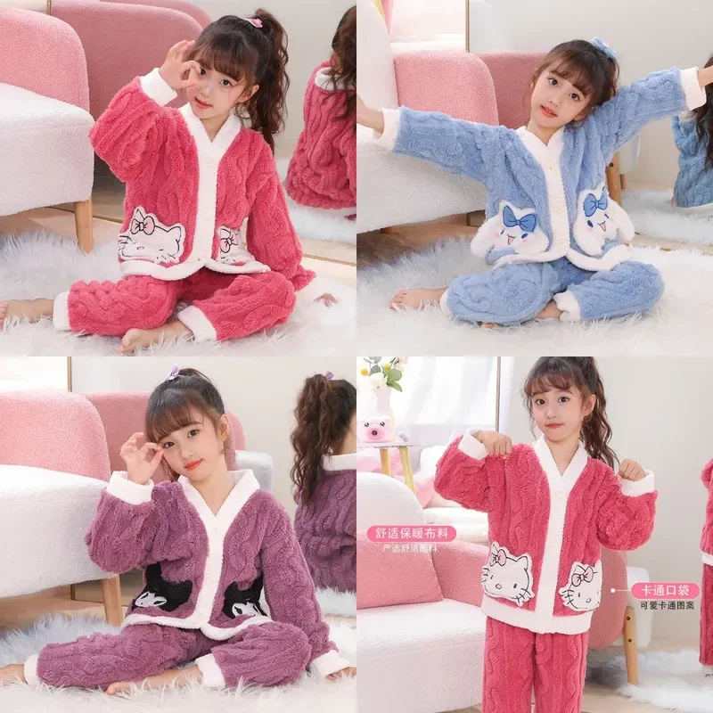 

Sanrio Kuromi Hello Kitty Kids Girls Cute Autumn/winter Jacquard Coral Fleece Pajamas Warm Thickened Pajama Set Home Clothes