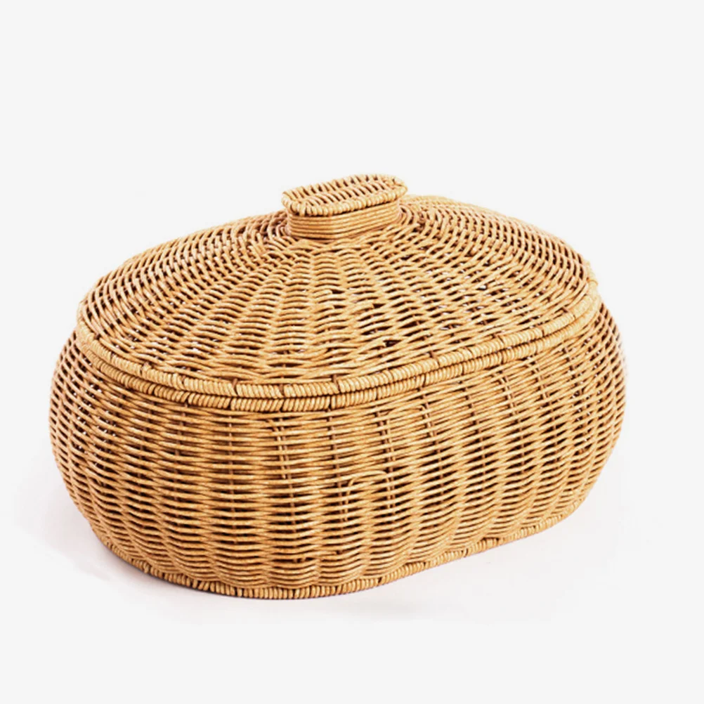 

Rattan Woven Basket Versatile Weaving Container With Lid Multi-purpose Egg Fruit Bread Basket Secure Food Storage Basket