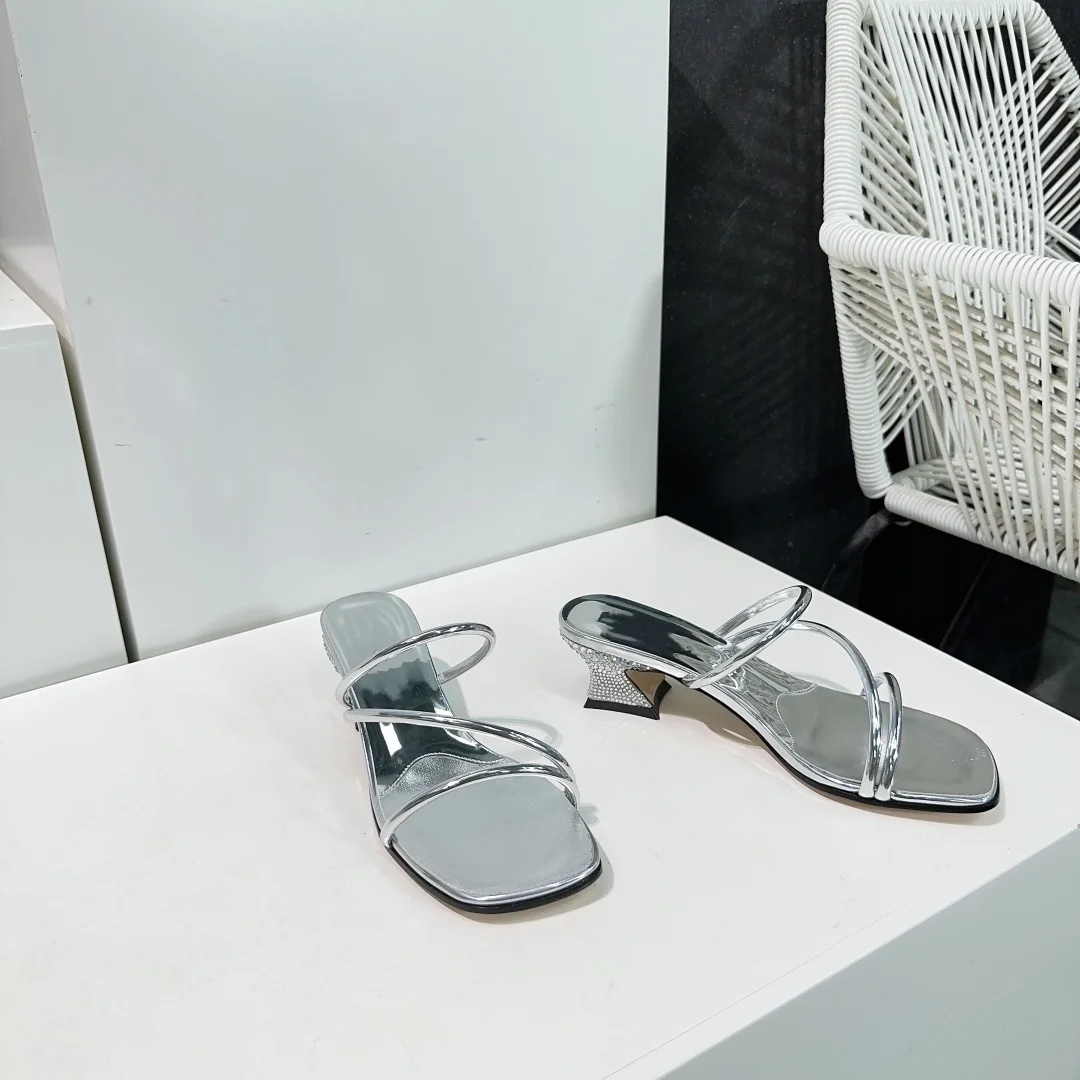 High Heel Slippers for Women's Summer New Thin Strap Square Head Open Toe Thick Heel Slippers