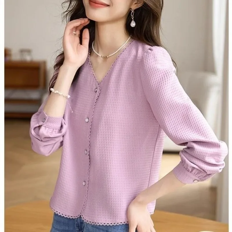 Female Cardigan Button V-neck Solid Color Ruffles Shirt Spring and Autumn Fashion Women's Clothing Long Sleeved Short Shirt