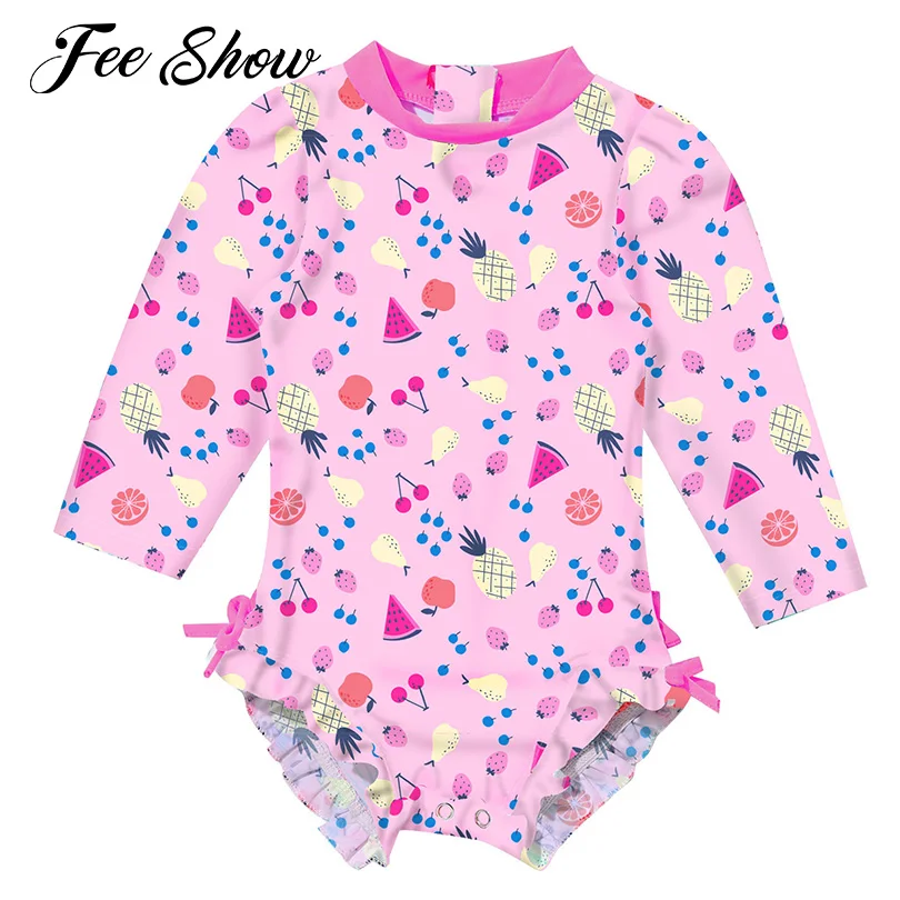 

2022 Baby Girl Swimming Bathing Suit One-piece Suits Long Sleeve Floral Printed Ruffled Swimsuit Swimwear Rash Guards Beach Wear
