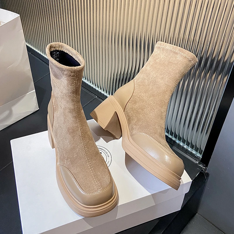 Women's Fashion Boots Square Toe Platform High Heels Zipper Ankle Boots Women's Shoes Autumn Winter Black Warm Simple 2023