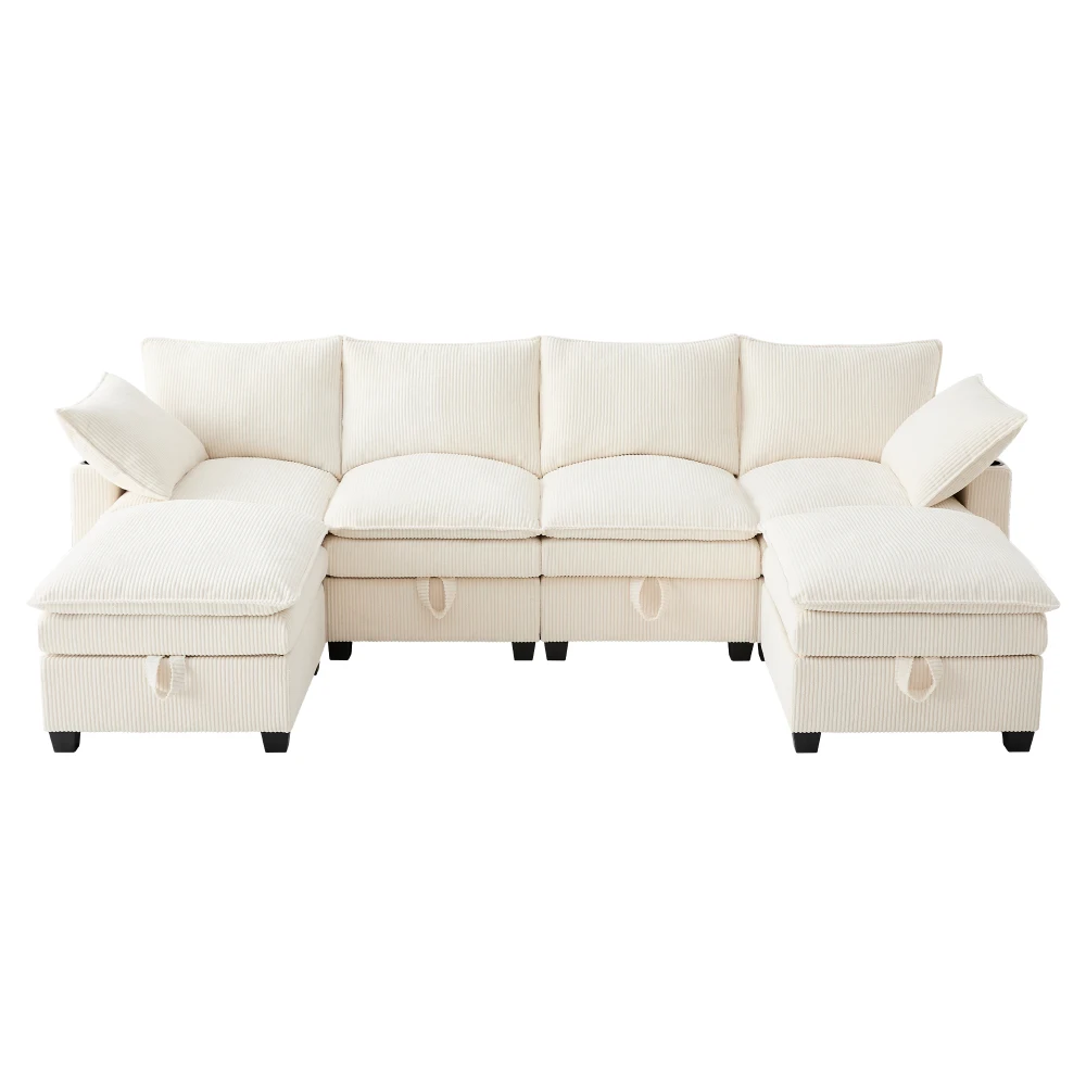 Modernes L-förmiges Sofa mit Kabelbefestigung, abnehmbarem Fußhocker, USB-Anschlüssen, Ablagefächern und Getränkehaltern, modulares Sofa – Detail 16