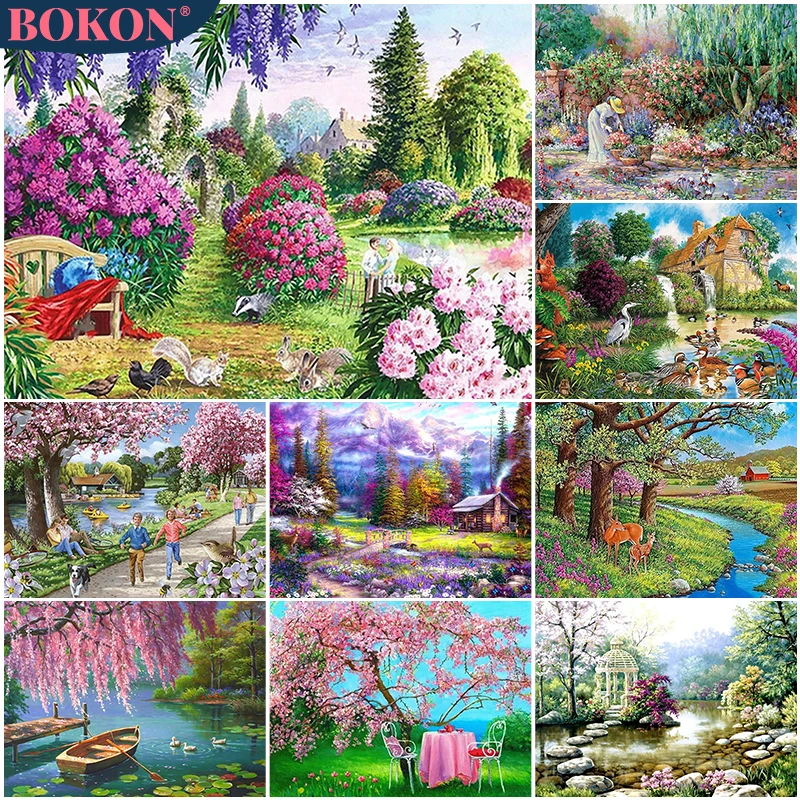 

5D Diamond Painting Spring Flower Landscape Diamond Embroidery Village Landscape DIY Diamond Mosaic Wall Decal Art Decoration