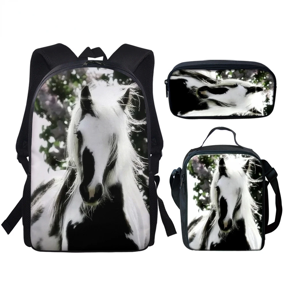 Classic Creative Funny Black White Horse 3D Print 3pcs/Set pupil School Bags Laptop Daypack Backpack Lunch bag Pencil Case