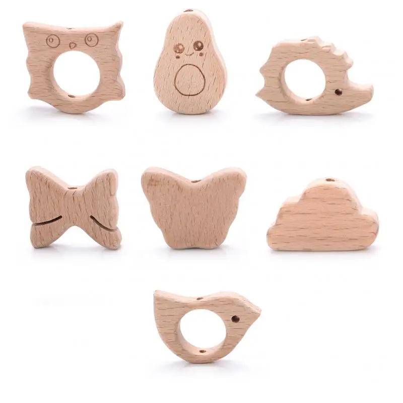 

10Pcs Baby Wooden Teether Beads Bowknot Bird Owl Shape Beech Wooden Beads for DIY Teething Bead Pacifier Clips Crafts Accessory