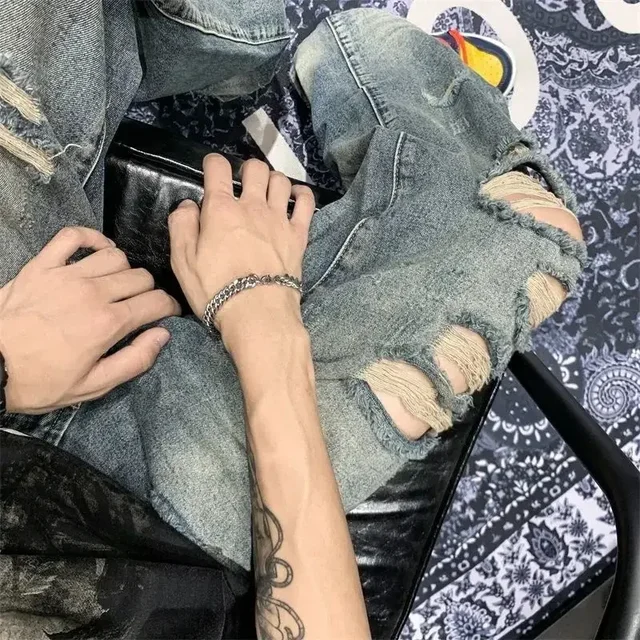 Trousers Torn with Holes Men's Jeans Broken Man Cowboy Pants