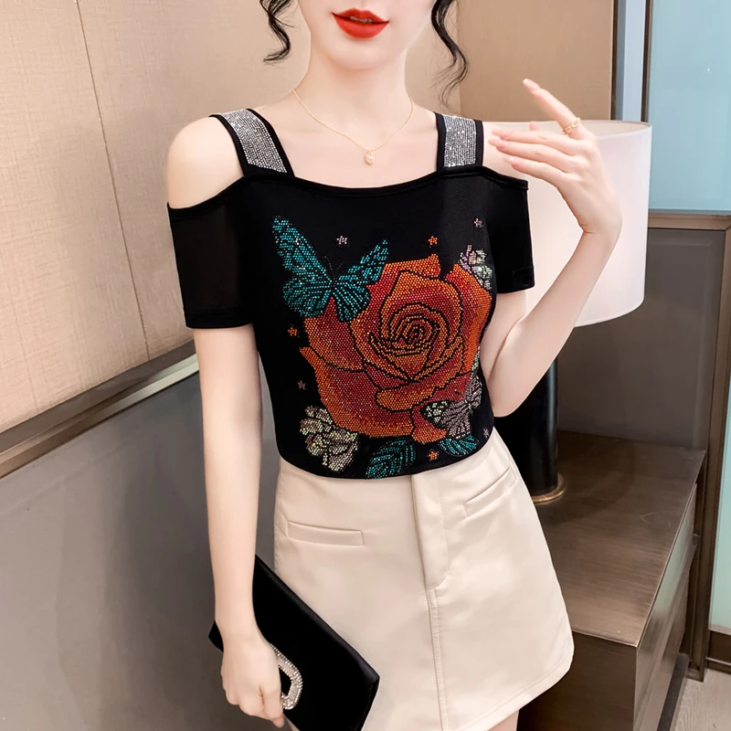 Streetwear Summer Chic Luxury Hot Diamonds T-Shirts High-End