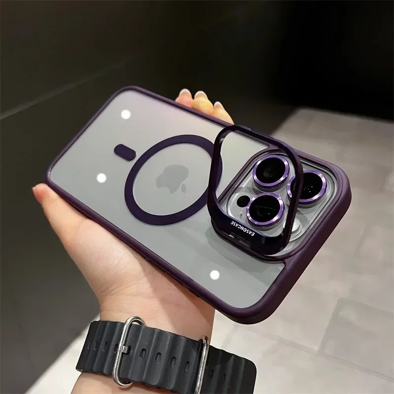 MagSafe Magnetic Lens Protection Phone Case with Transparent Camera Glass and Metal Ring Cover