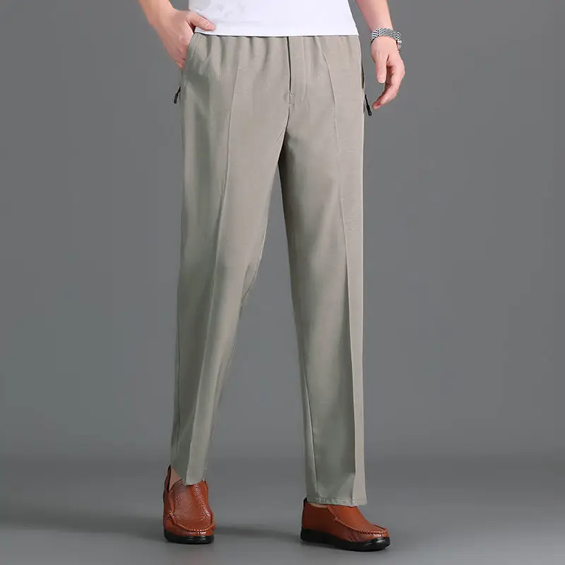 Summer New Vintage Ice Silk Men Casual Straight Pants Solid Elastic Waist Button Patchwork Pockets Loose Versatile Thin Trousers