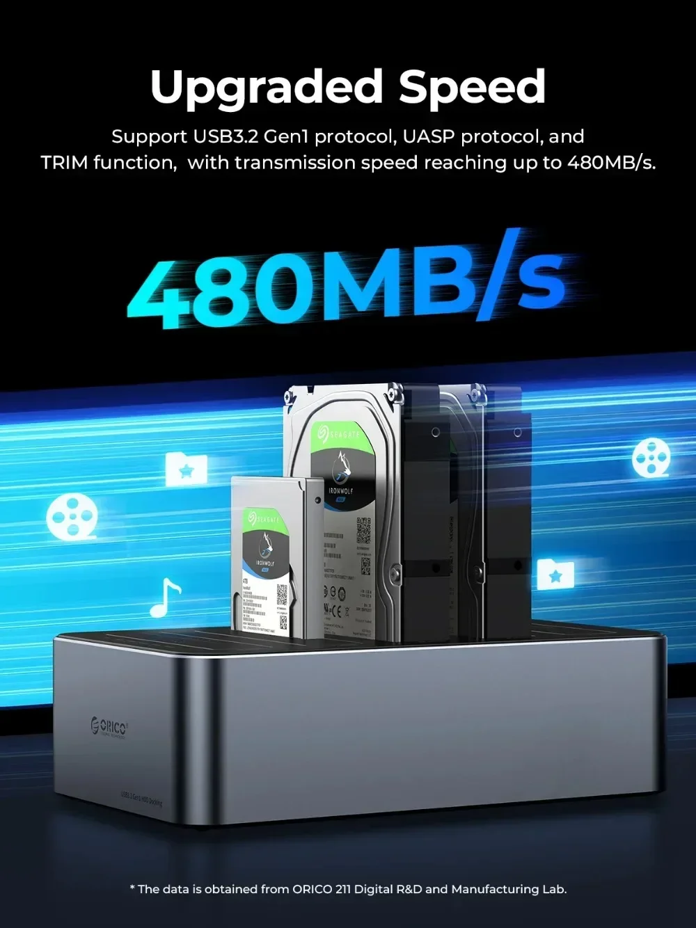 ORICO 2.5/3.5인치 하드 드라이브 도킹 스테이션 알루미늄 SATA - Type-C 5Gbps, 2.5/3.5인치 HDD/SSD 박스용 오프라인 복제 기능 포함