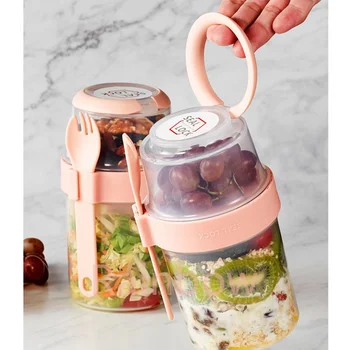 Breakfast Oatmeal Cereal Nut Yogurt Salad Cup Seal Container Set with Fork Sauce Cup Lid Bento Tuppers Food Taper Bowl Lunch Box