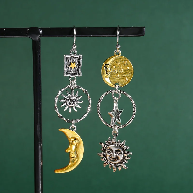 Orecchini Pendenti Asimmetrici Donna – Design Bohémien Con Stelle, Sole E Luna, Cristallo, Leggeri