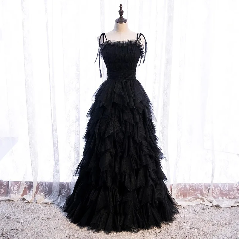 High Quality Cake Dress Fashion Strap Design Women Temperament Sleeveless Long Dress Black Ball Graduation Dress Birthday Party
