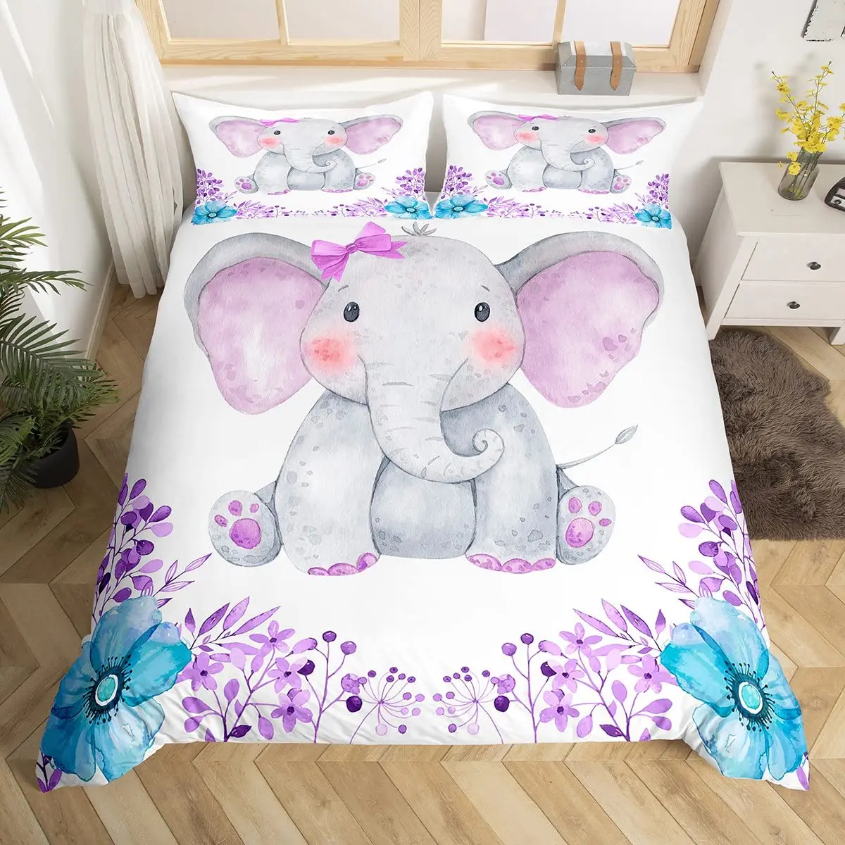 

Elephant Duvet Cover Set for Girl Lovely Cartoon Animals Elephant with Butterfly and Bird Bedding Set Comforter Cover Queen Size