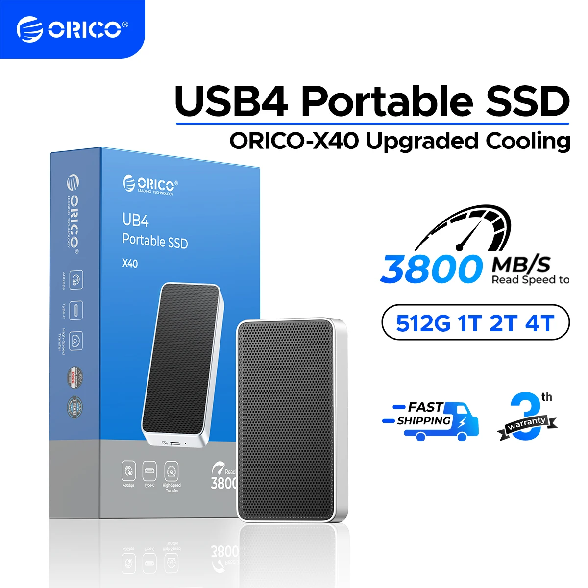 ORICO USB4 휴대용 SSD 3800MB/s 40Gbps 초고속 외장형 솔리드..