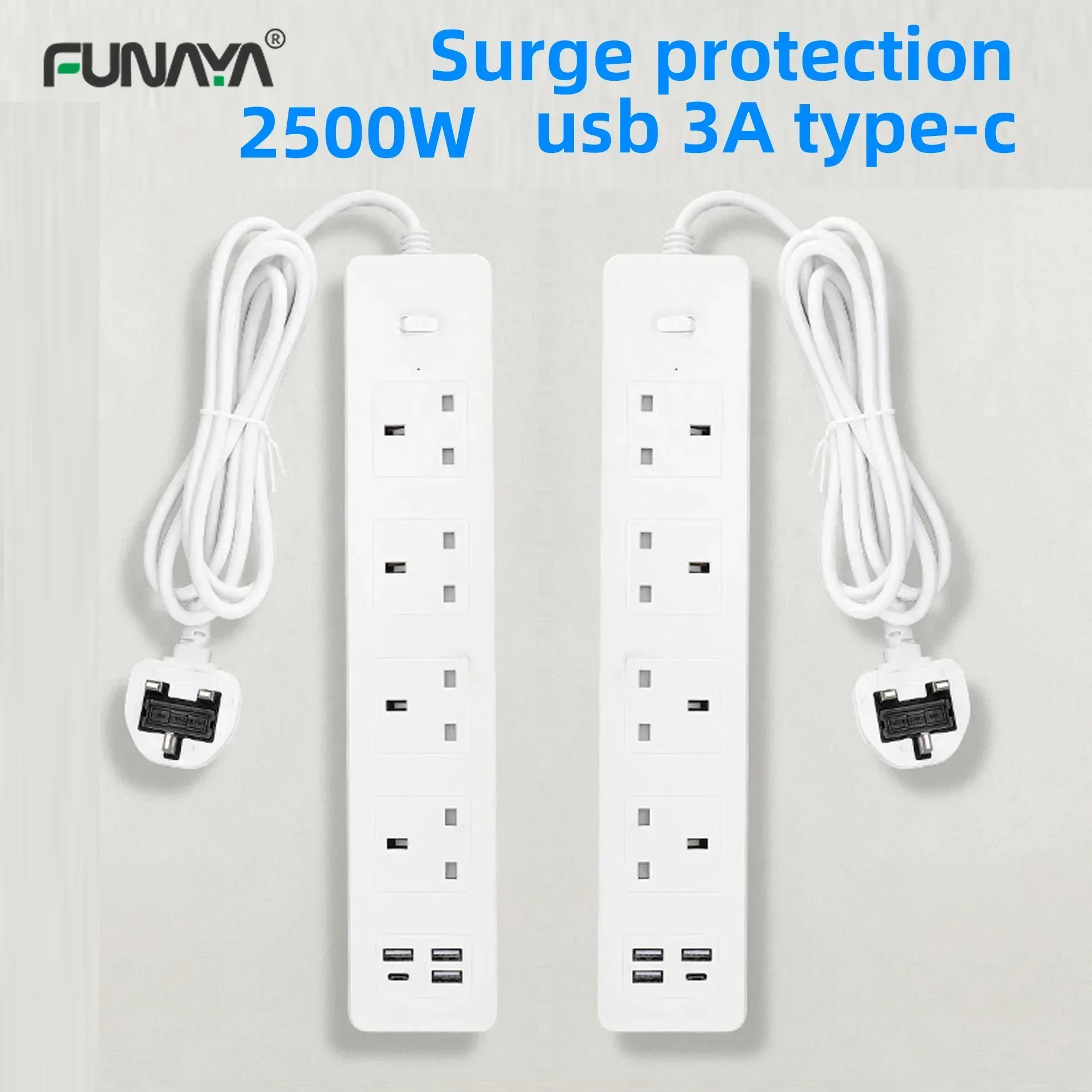 

2500W UK Power Strip Socket 4 outlet with 3 USB 1 TypeC 3.1A AC110 250V with Surge Protection Office Home Master White Sockets