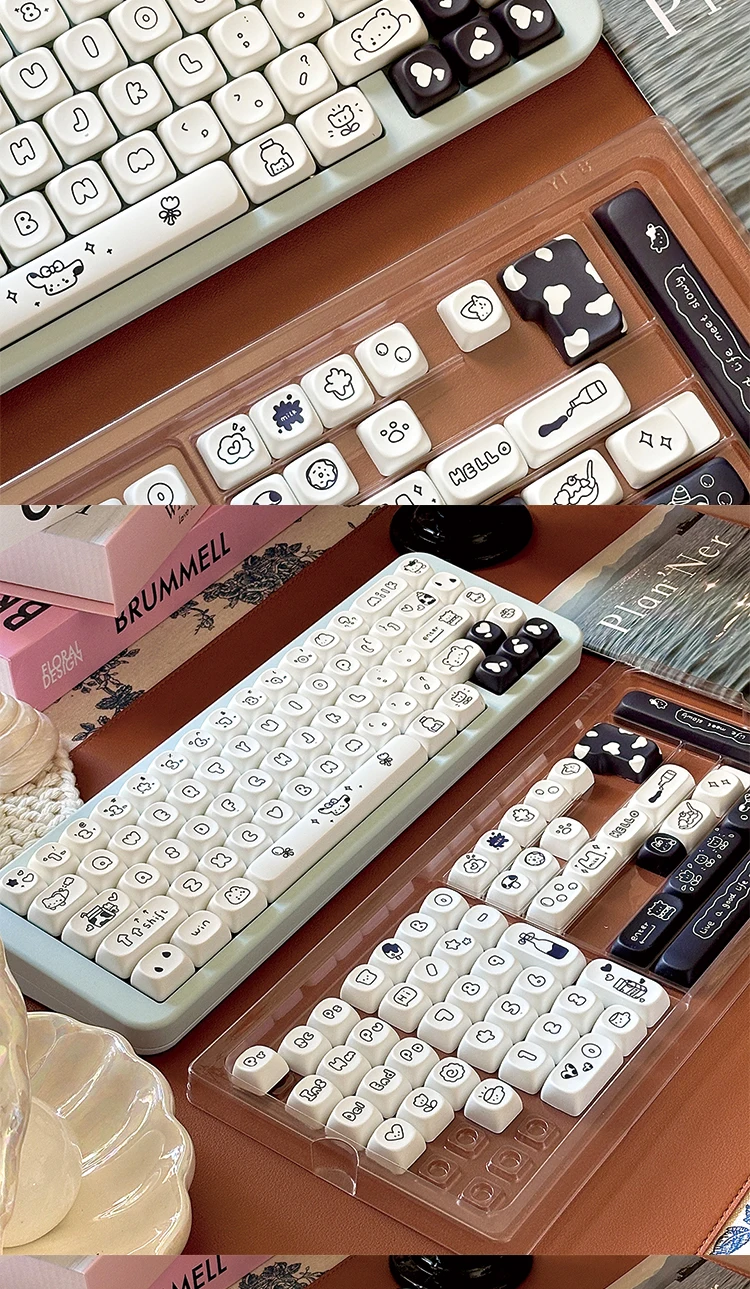 Echome-cowテーマキーボードキャップセット、黒と白、pbt、昇華