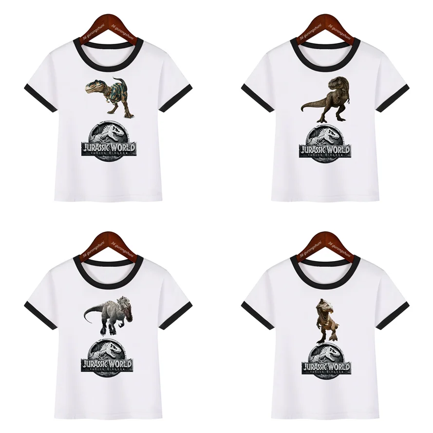 

2024 Jurassic World Logo T-Shirt Dinosaur Cartoon Print Tyrannosaurus Rex Tshirt Boys Girls Gift Kids Clothes Black Side Tops