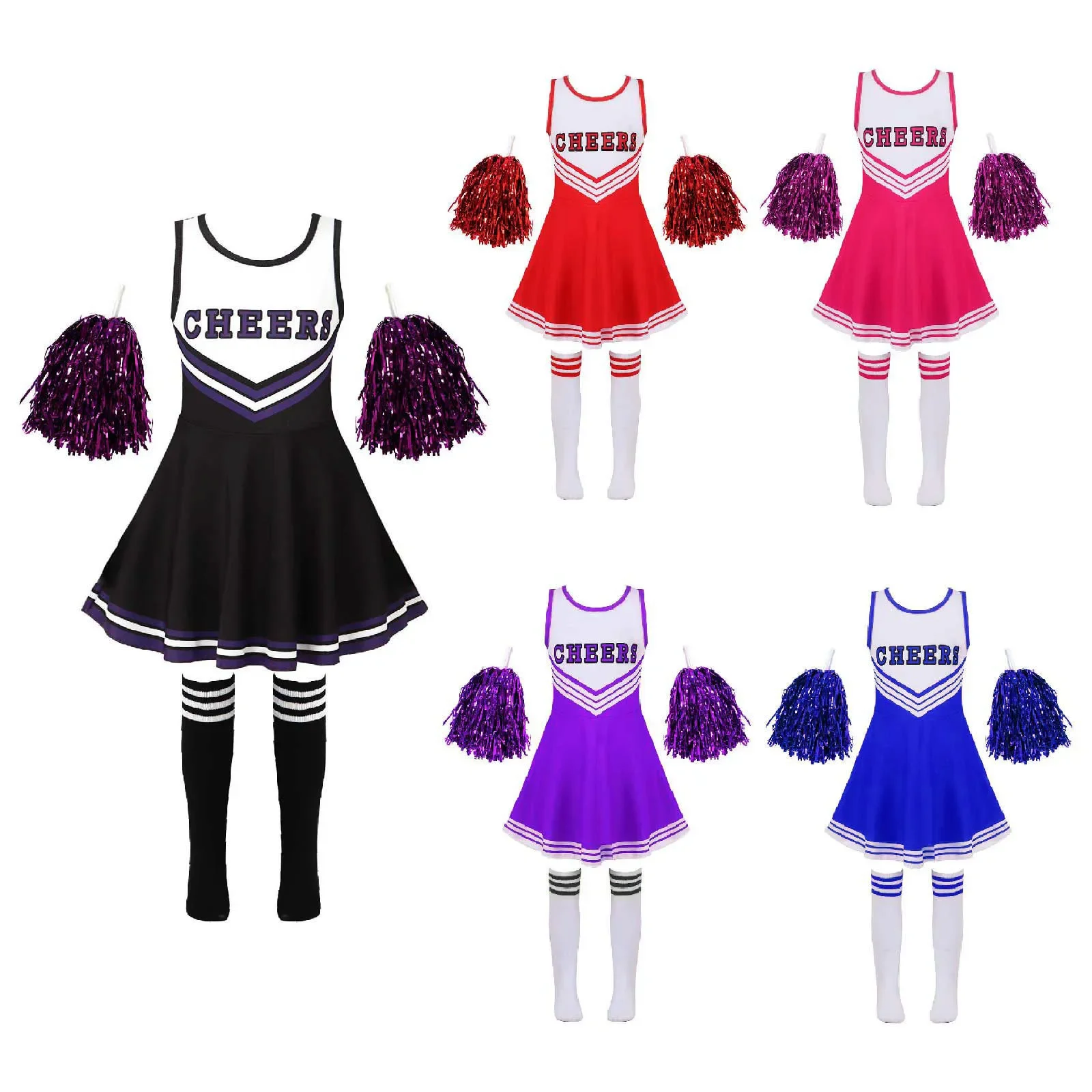 Bambini Cheerleading Costume scuola ragazze Cheerleader uniformi Cheer Dance outfit per Halloween Cosplay Dress con calzini fiore
