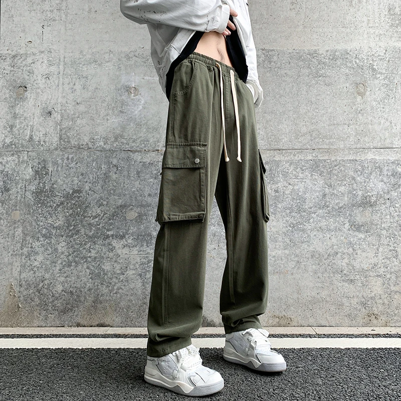 Army Green Cargo Jeans Men's Multi pocket Straight leg Casual Wide leg