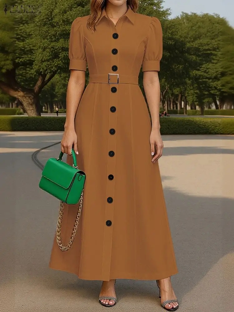 ZANZEA Elegant Party Long Dress With Belt 2025 Summer Women Solid Short Sleeve Maxi Vestidos Fashion Wedding Lapel Shirt Robe 3