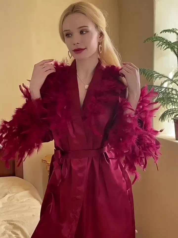 Peignoir Femme En Satin Doux - Pyjama Nuit Ou Robe D’intérieur - Imprimé Rayures
