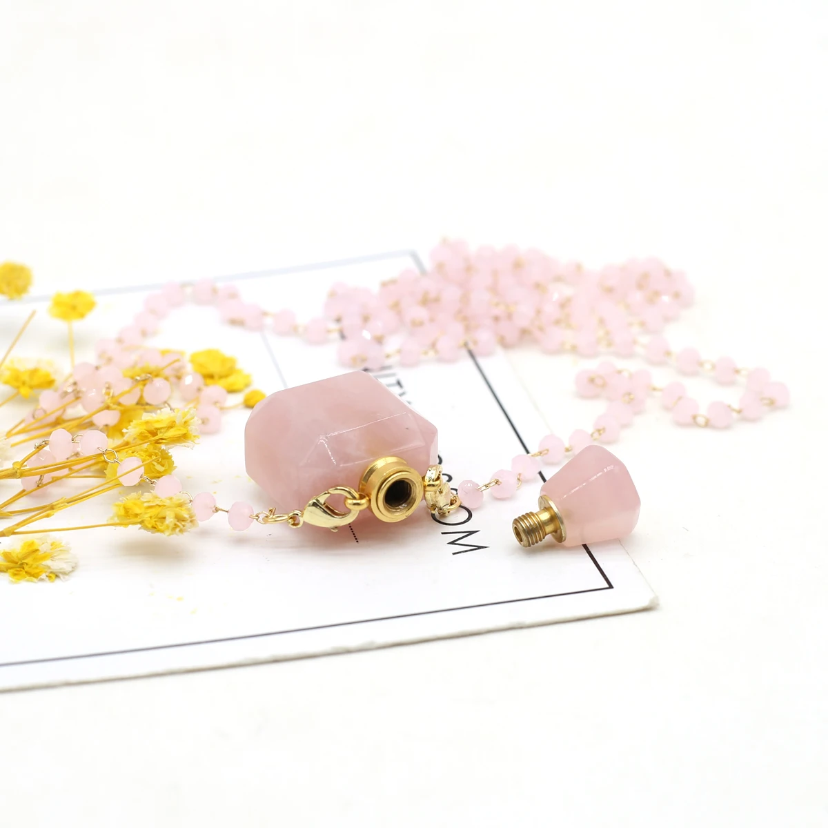 

Natural Semi-Precious Rose Quartz Essential Oil Diffuser Perfume Bottle Pendant Necklace Charm Crystal Gift Jewelry