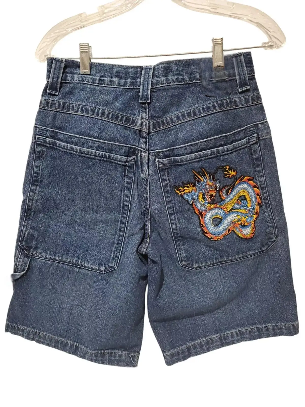 Y2K Retro Streetwear Dragon Shape Pattern Patchwork Denim Short Jeans Men Women Hip Hop Blue Loose Jorts Fitness Casual Shorts