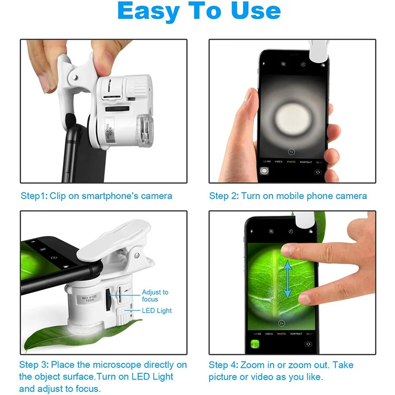 AEE9-4 Pcs 100X 줌 클립 온 현미경, LED 조명, 휴대용 돋보기 루페 포켓 돋보기 렌즈 유리