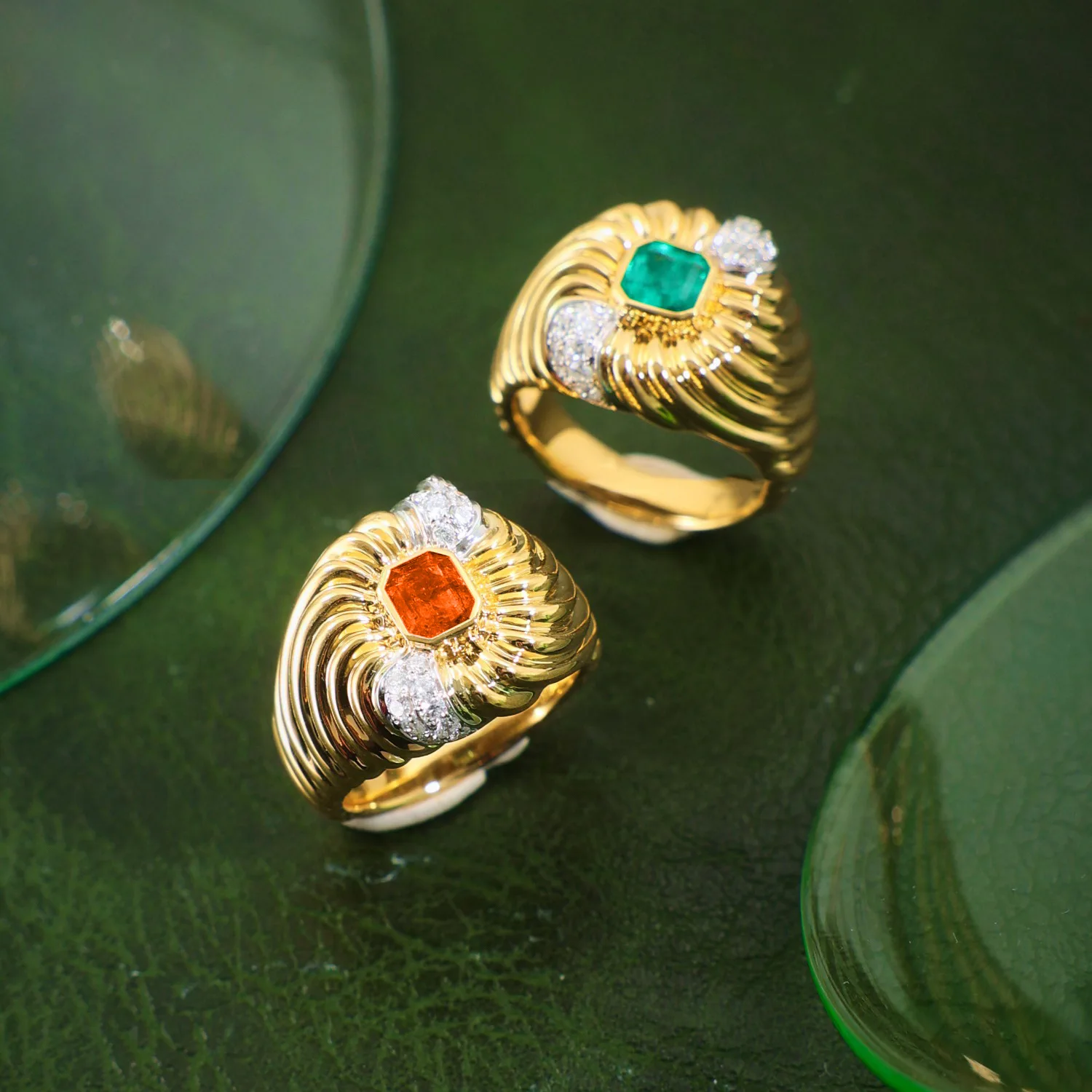 

Luxury Vintage 18K Gold Plated Emerald Spessartine Semi-Precious Stone Cocktail Ring Green Orange Gemstone Zircon Fine Jewelry